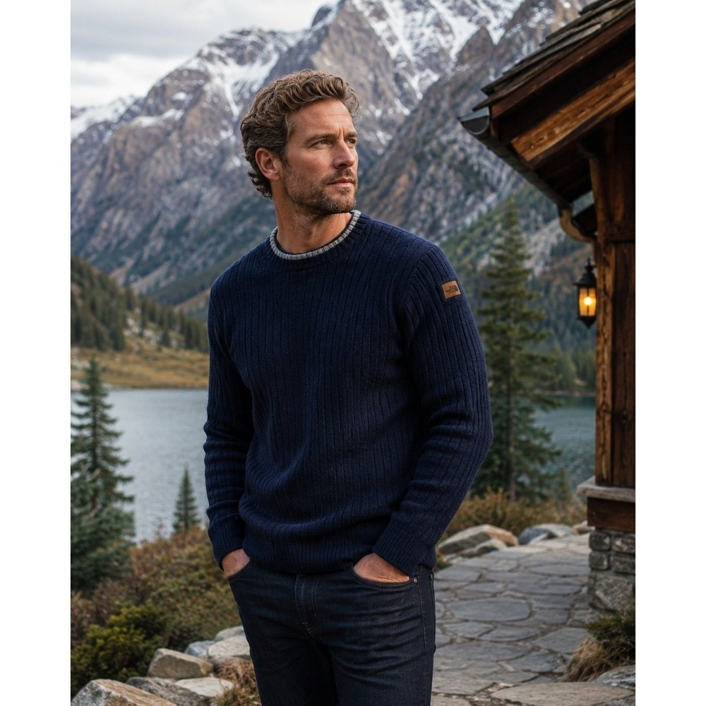 The North Face Mens XL 100% Wool Ribbed Sweater Navy Blue Crew Neck